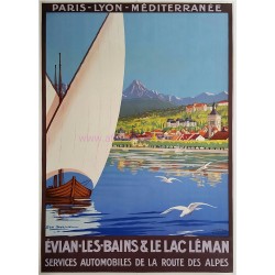 Affiche ancienne originale Evian les Bains et le Lac Léman Geo DORIVAL