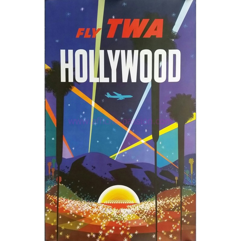 Affiche ancienne originale Fly TWA Hollywood David Klein