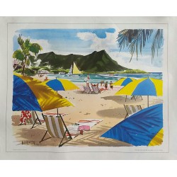 Affiche ancienne originale Waikki beach Hawaii painted for United Airlines - W D SHAW
