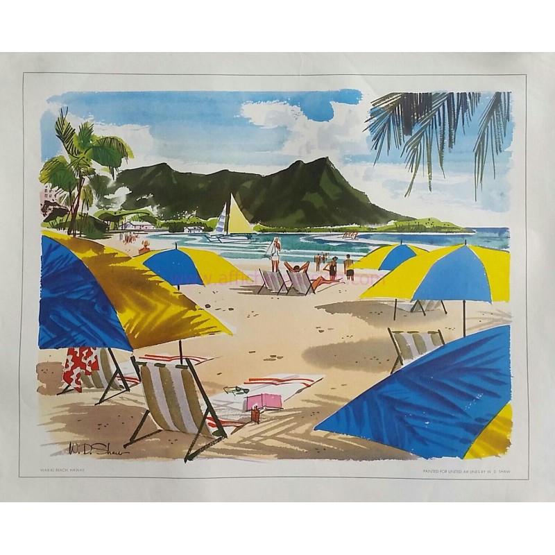 Original vintage poster Waikki beach Hawaii painted for United Airlines - W D SHAW