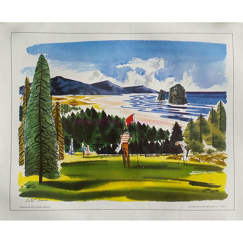 Affiche ancienne originale Neahkahnie Golf course Oregon painted for United Airlines - W D SHAW