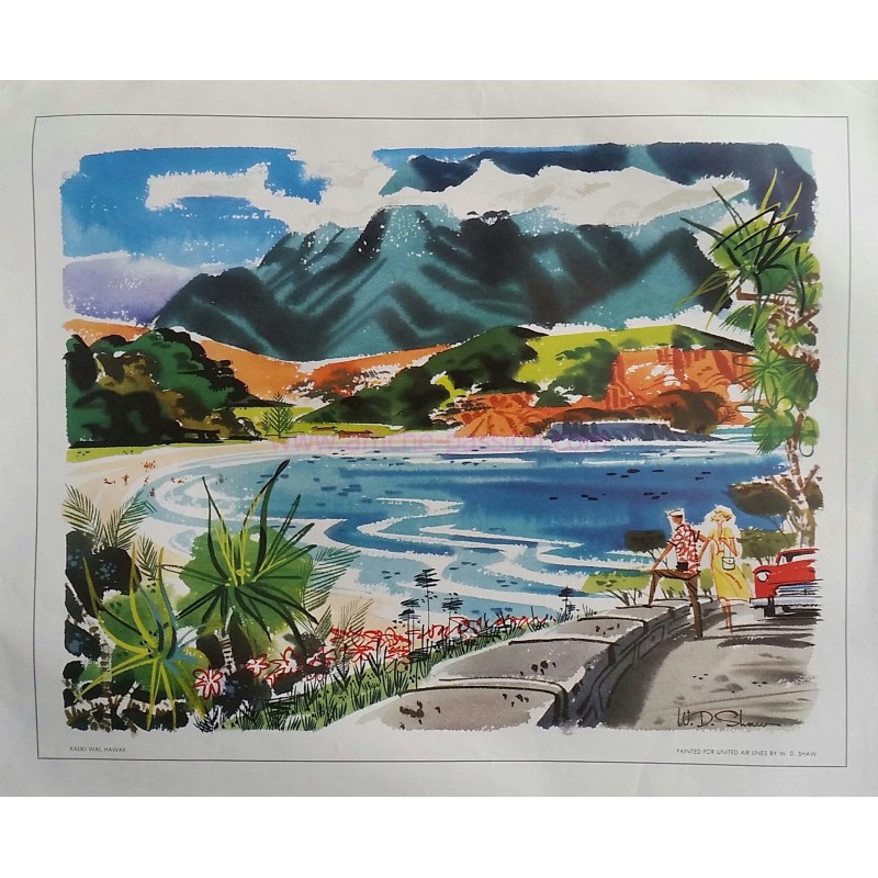 Affiche ancienne originale Kaliki Wai Hawaii painted for United Airlines - W D SHAW