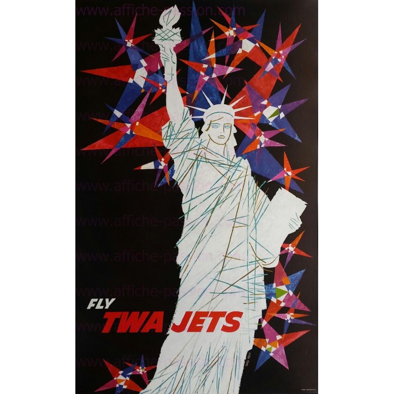 Affiche ancienne originale Fly TWA Jets NEW YORK Statue liberté David KLEIN
