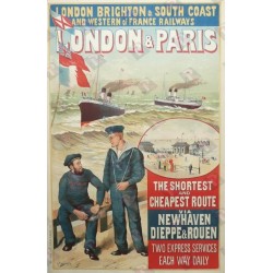 Original vintage poster London & Paris the shortest and cheapest route via Newhaven Dieppe & Rouen