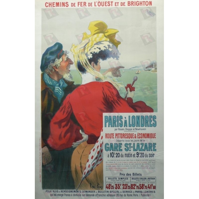 Affiche originale Paris à Londres - Rouen Dieppe et Newhaven - René PEAN
