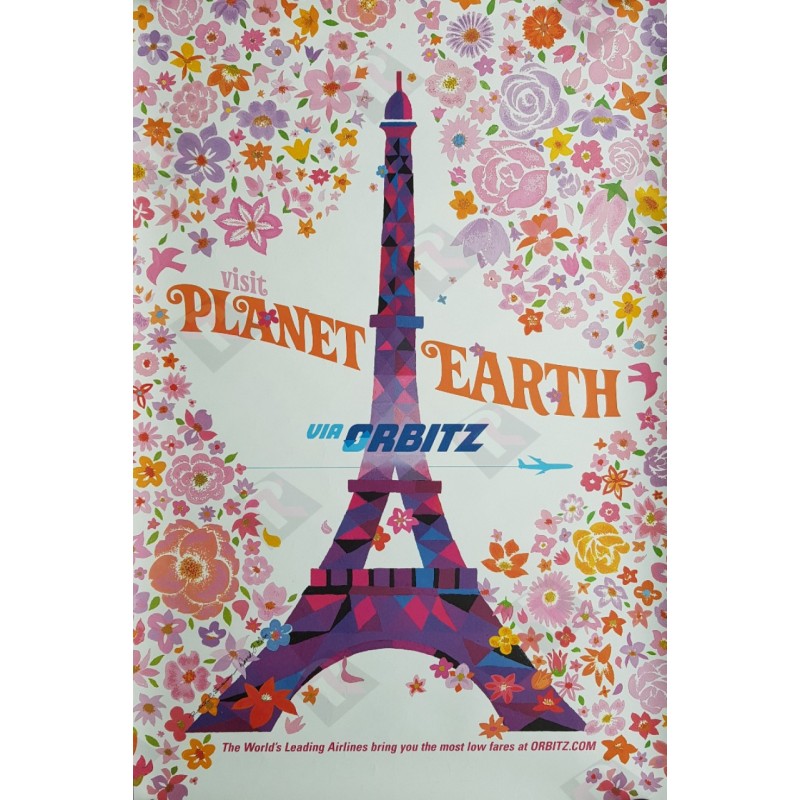 Original travel poster Visit Planet Earth via ORBITZ Paris Eiffel tower - David Klein - Robert Swanson