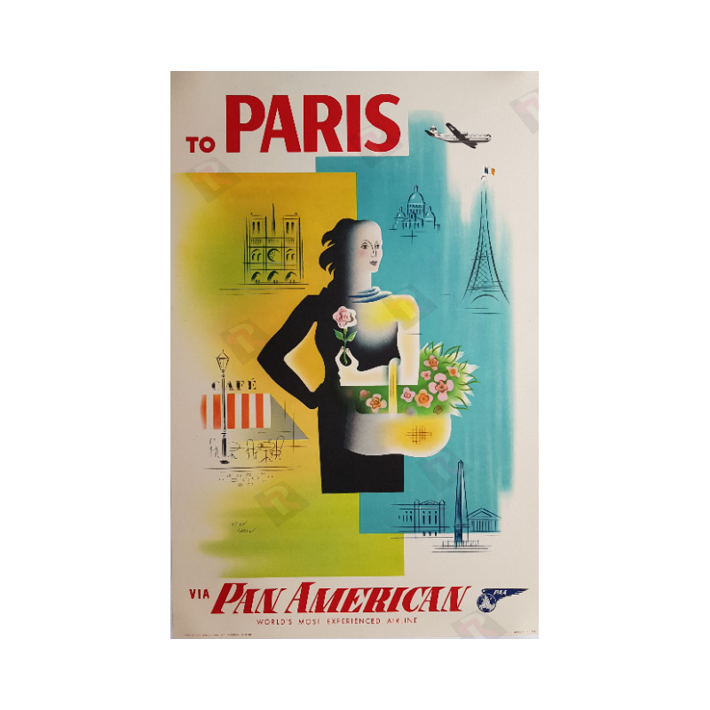 Affiche ancienne originale To PARIS via Pan American Jean CARLU