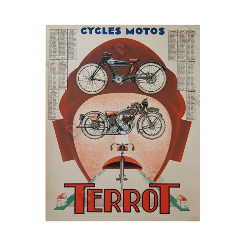 Affiche ancienne originale cycles motos Terrot calendrier 1934
