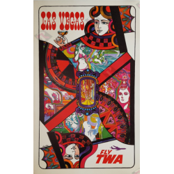Affiche ancienne originale Fly TWA Las Vegas Queen card David Klein