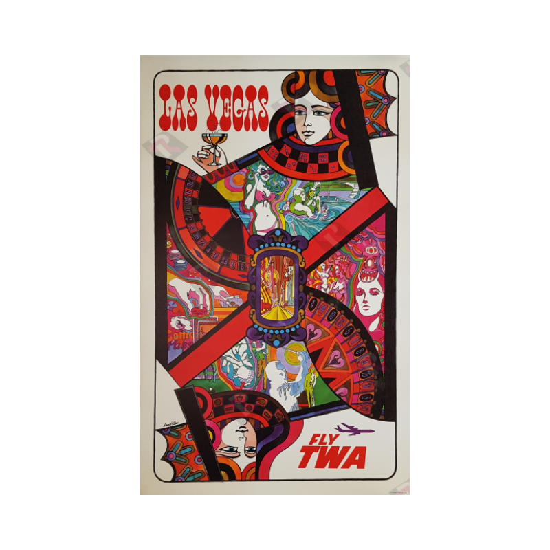 Original vintage poster Fly TWA Las Vegas Queen card David Klein