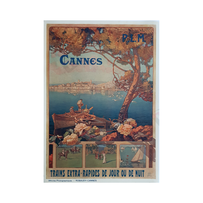 Affiche ancienne originale Cannes Trains extra rapides Robaudy