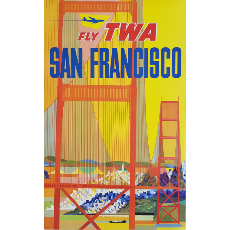 Affiche ancienne originale Fly TWA SAN FRANCISCO avion stylisé David KLEIN