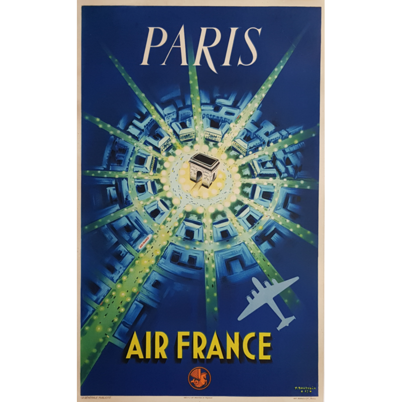 Original vintage poster Air France PARIS 1st print 1947 Pierre BAUDOUIN