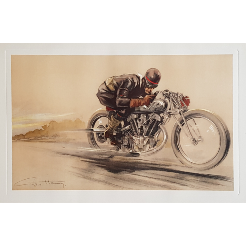Affiche ancienne originale lithographie Motocycliste en course GEO HAM