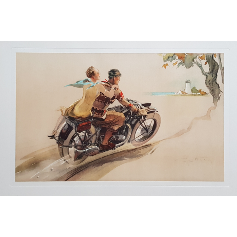 Affiche ancienne originale lithographie Couple à moto GEO HAM