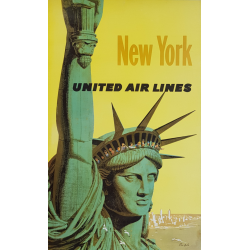 Affiche ancienne originale United Air Lines NEW YORK Statue liberté Stan Galli