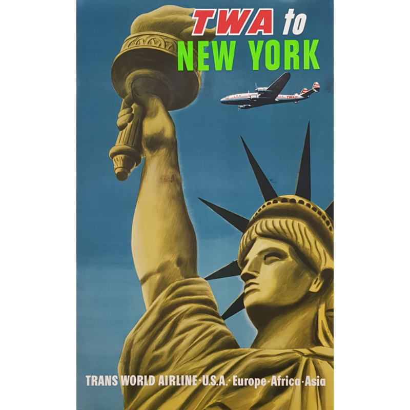 Affiche ancienne originale TWA to New York USA Europe Africa Asia