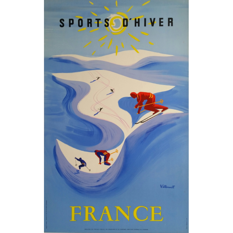 Affiche ancienne originale Sport d'hiver France ski Bernard Villemot