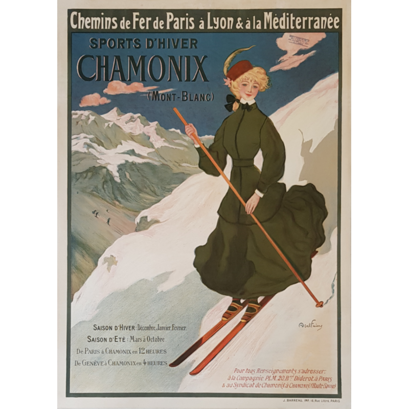 Affiche ancienne originale CHAMONIX Sport d'hiver Mont-Blanc PLM Abel FAIVRE