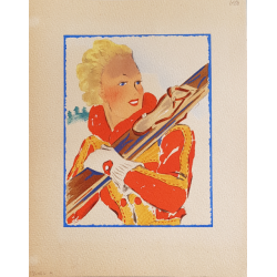 Old original watercolor project winter sports ski girl yellow and red