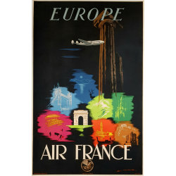 Affiche ancienne originale Air France Europe Edmond MAURUS
