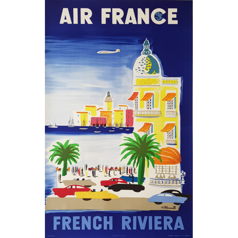 Affiche ancienne originale Air France French Riviera 1952 VILLEMOT