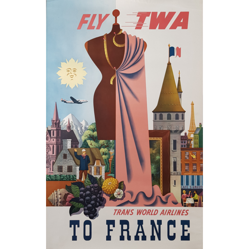 Affiche ancienne originale TWA France GRECO
