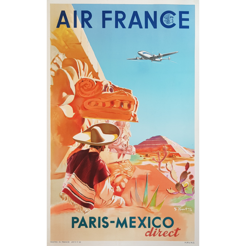 Affiche ancienne originale Air France Paris Mexico PROUT