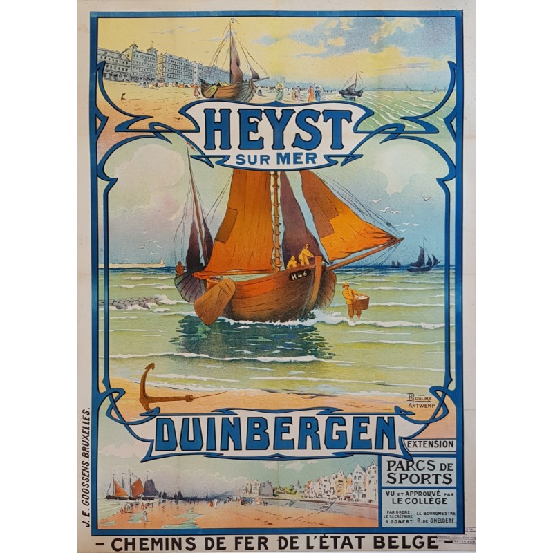 Affiche ancienne originale Heyst sur Mer Duinbergen Chemins fer Belge
