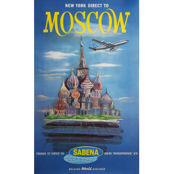 Affiche ancienne originale Sabena New York direct to Moscow