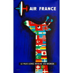 Affiche ancienne originale Air France Le plus long réseau du monde SAVIGNAC