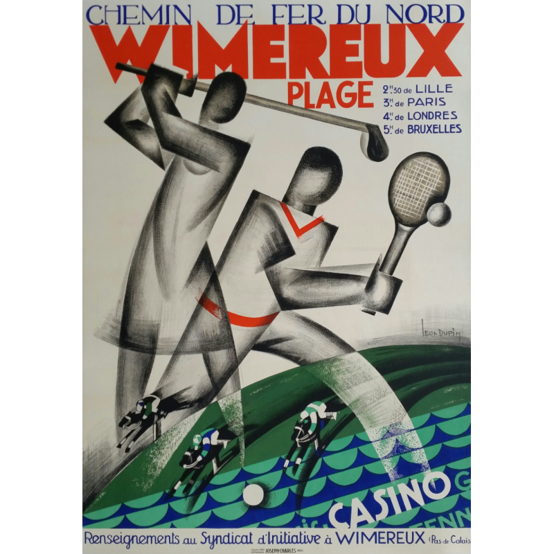 Affiche ancienne originale golf Wimereux Plage Chemin de fer du Nord - Léon DUPIN