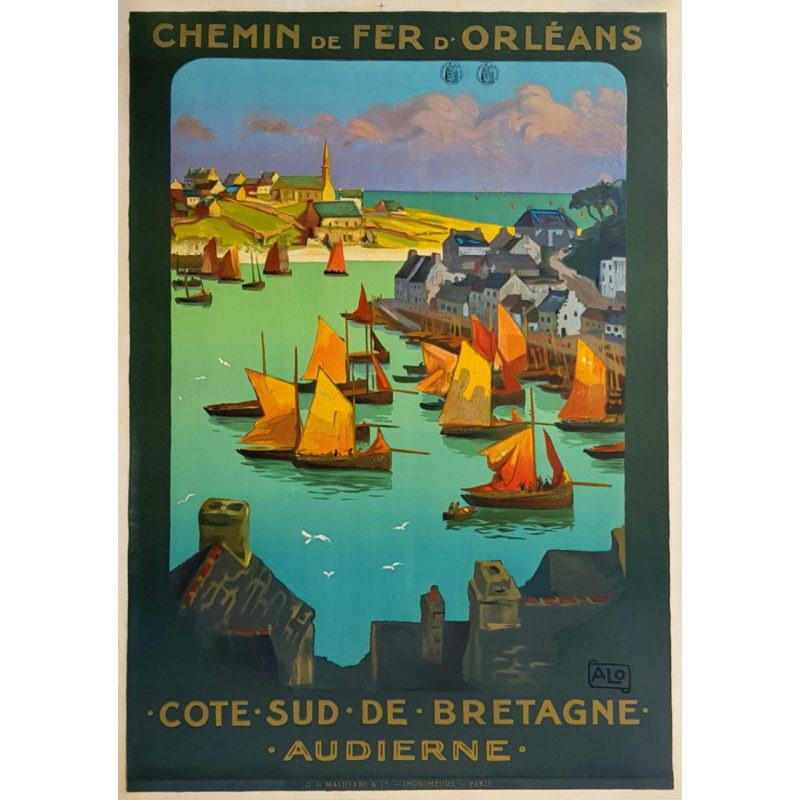 Affiche ancienne originale Audierne Côte sud de Bretagne ALO