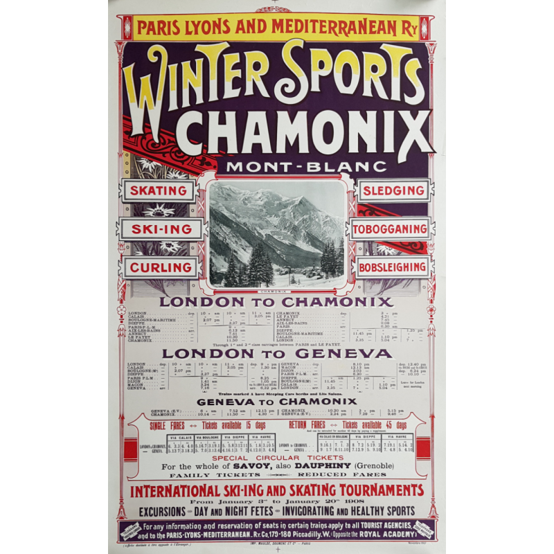 Affiche ancienne originale CHAMONIX Winter Sports Mont-Blanc PLM