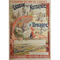 Affiche ancienne originale Excursions en Normandie et Bretagne