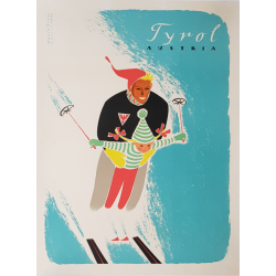 Affiche ancienne originale ski sport d'hiver Tyrol Autriche 1950s Maria REHM