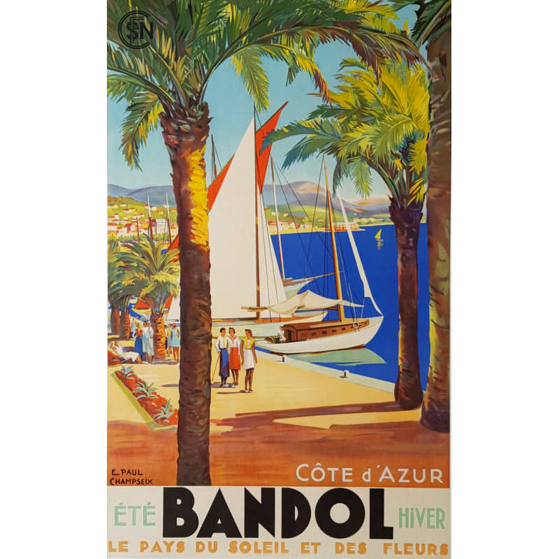 Affiche ancienne originale Bandol Côte d'Azur SNCF CHAMPSEIX