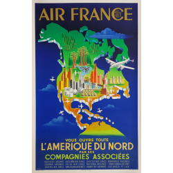 Affiche ancienne originale Air France Amérique du Nord PLAQUET