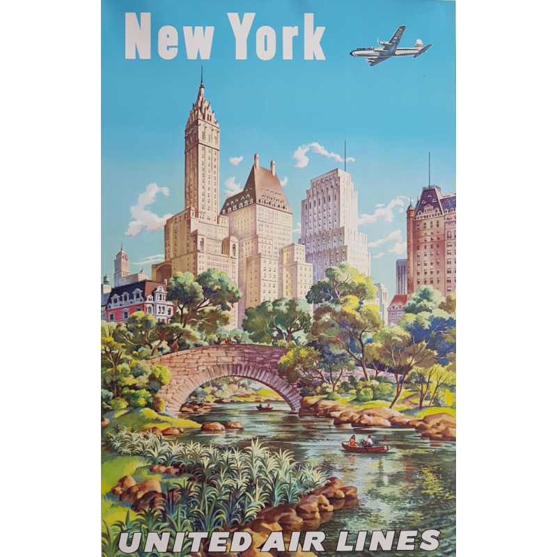 Affiche ancienne originale United Airlines New York Joseph FEHER