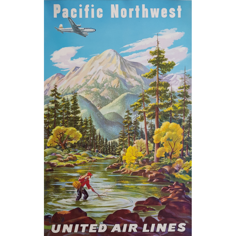 Affiche ancienne originale United Airlines Pacific Northwest FEHER