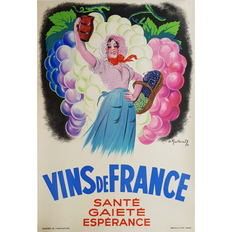 Affiche ancienne originale publicitaire Vins de France GALLAND