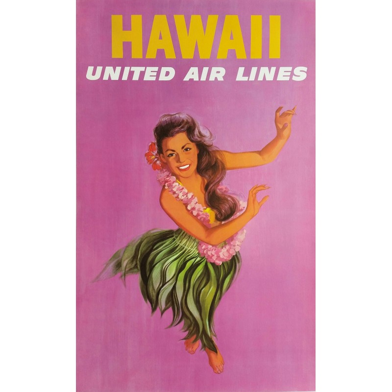 Affiche ancienne originale United Airlines Hawaii Hula girl dance