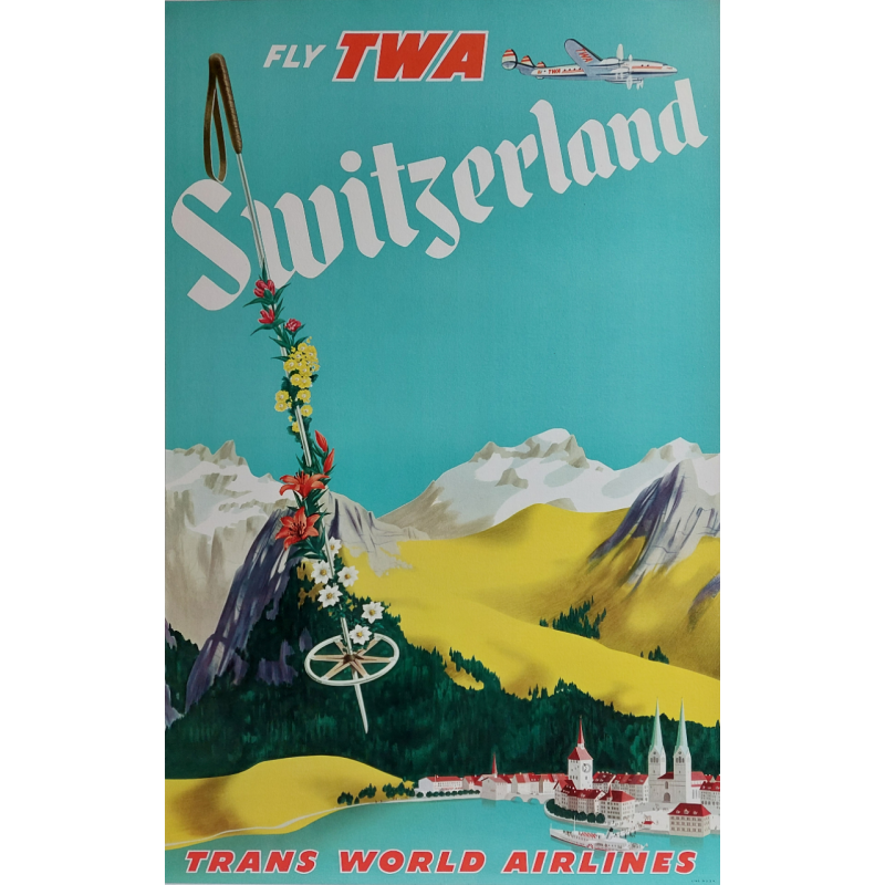 Affiche ancienne originale Fly TWA Switzerland Trans World Airlines