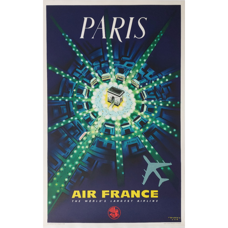 Affiche ancienne originale Air France PARIS Pierre BAUDOUIN
