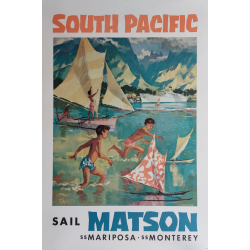 Affiche ancienne originale Tahiti South Pacific Sail Matson MACOUILLARD