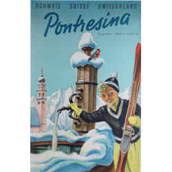 Affiche ancienne originale Pontresina Engadin Fontaine LIBIS