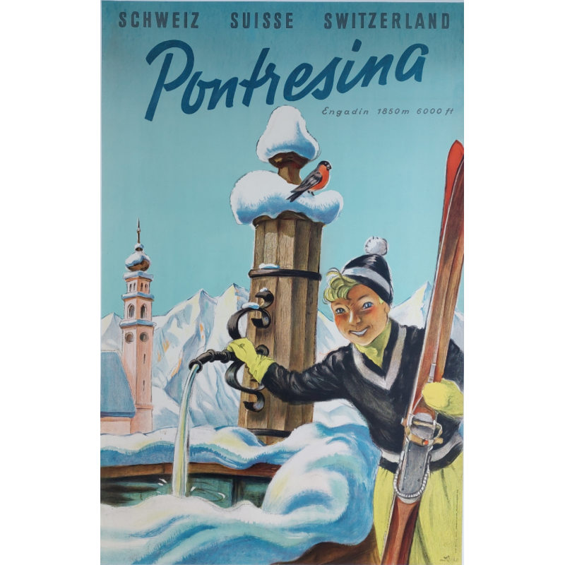 Original vintage poster Pontresina Engadin Fountain LIBIS