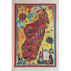 Affiche ancienne originale Carte de Madagascar 1952 Maurice TRANCHANT