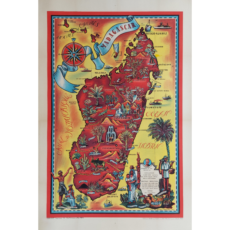 Affiche ancienne originale Carte de Madagascar 1952 Maurice TRANCHANT