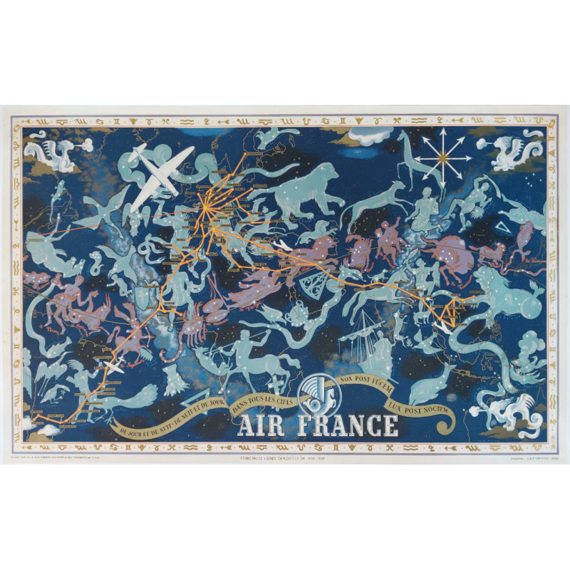 Affiche ancienne originale Planishpère Air France De Jour et de Nuit 1939 Lucien BOUCHER